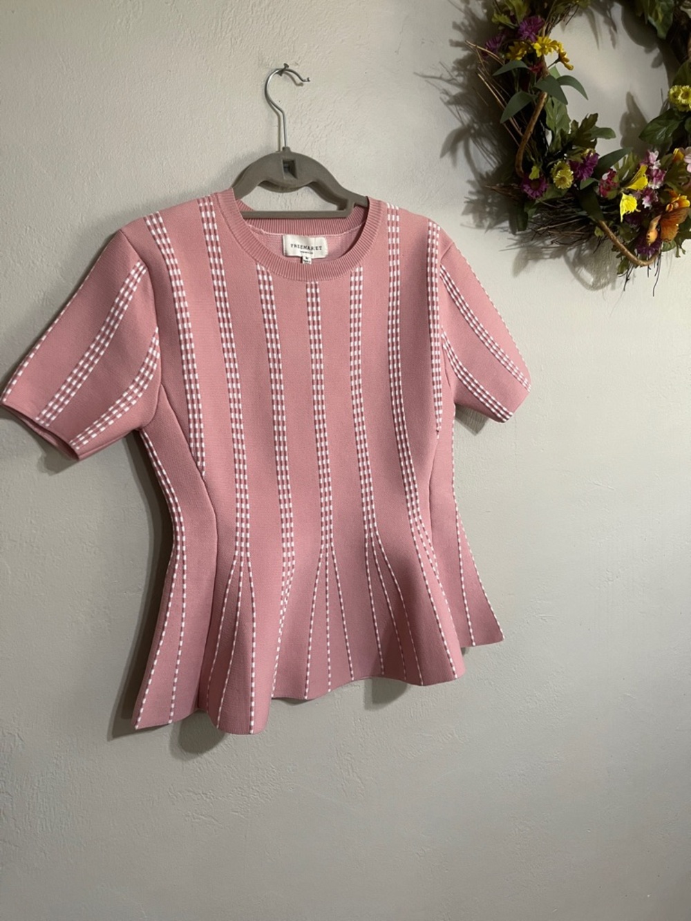 🌾Free Market Pink Short-Sleeve Knit Peplum Top with White Stripe Detail